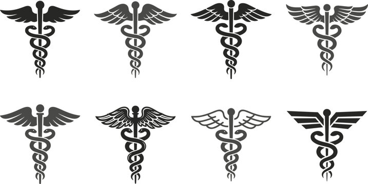 Collection of caduceus symbol illustrations with serpents and wings for healthcare, medicine, and professional design projects