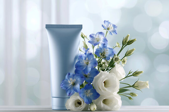 Light Blue Cosmetic Tube with Flowers