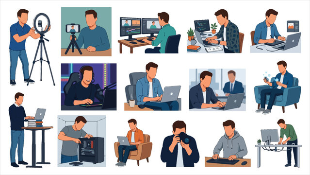 Flat Vector Illustration Set of Modern Digital Professions, Creative Content Creators, Tech Freelancers, and Software Developers