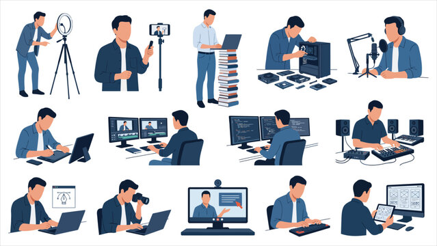Flat Vector Illustration Set of Modern Digital Professions, Creative Content Creators, Tech Freelancers, and Software Developers
