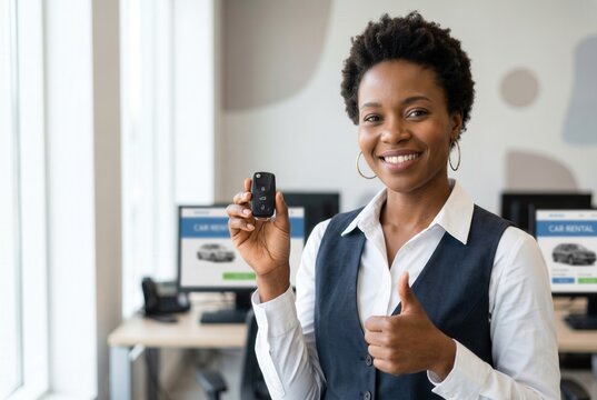 Happy black woman holding car key remote and giving thumbs up