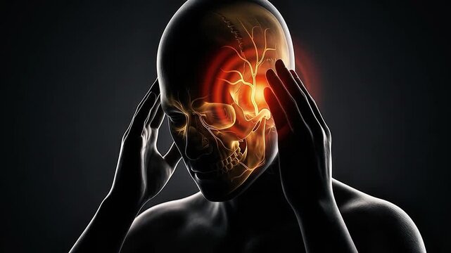 Headache Migraine 3D Medical Animation Human Brain Skull Anatomy Blood Vessel X-Ray Glowing Red Dark Background
