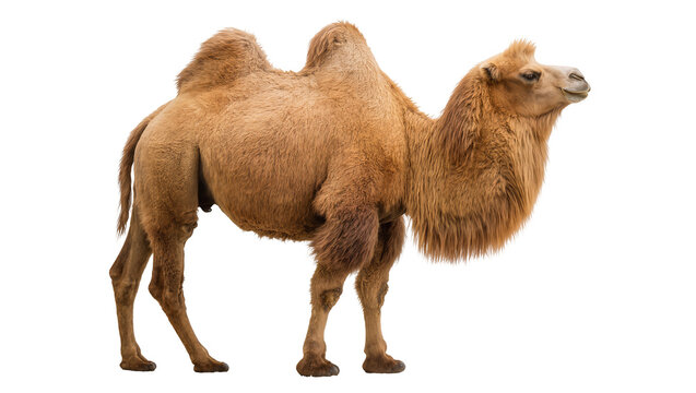Dromedary camel with one hump tan fur, standing profile view