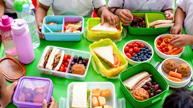 High angle view of diverse school children sitting around a green table eating healthy packed lunches from colorful plastic bento boxes with sandwiches fruits and muffins