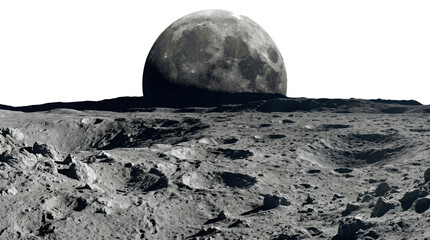 Fototapeta premium Closeup of the moon surface with a large moon sphere in the background, lunar landscape with craters isolated on transparent background