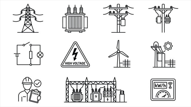 Electrical Power Grid and Renewable Energy Engineering Line Icon Set