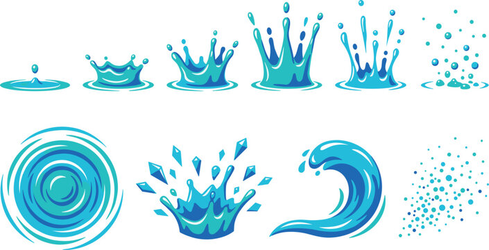 Liquid Water Splash Animation Sequence Vector Collection Featuring Drop Impact Crown Burst Top View Ripples Sea Wave And Spray Droplets Illustration