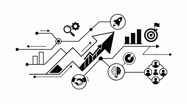 A black and white infographic with various business-related icons and arrows