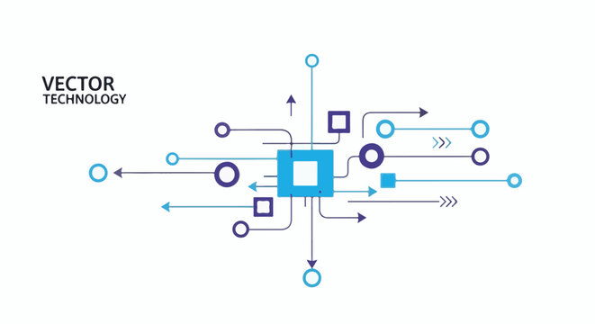 A blue and purple flowchart with arrows and shapes on a white background