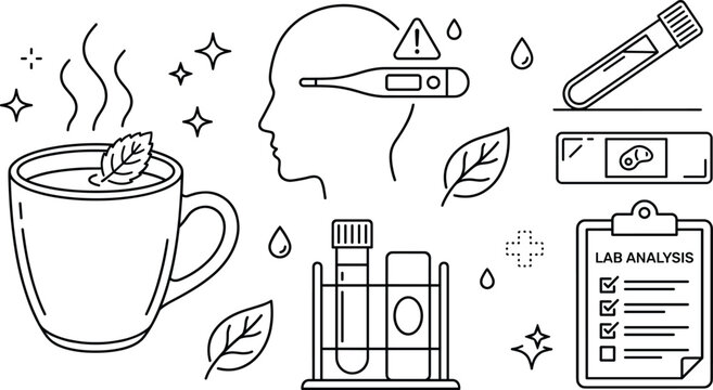 Medical lab analysis and flu home remedy line icons set with herbal tea thermometer test tube clipboard vector