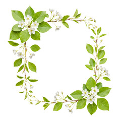 Fototapeta premium Pristine white cherry blossoms and vibrant green leaves form a circular floral frame with delicate buds.