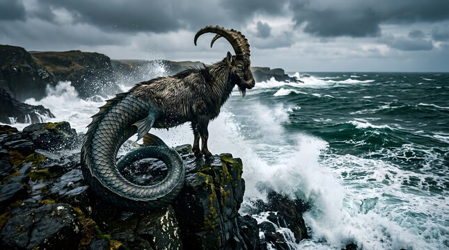 A majestic Capricorn mythical creature with curved horns and scaly fish tail stands on a rocky cliff overlooking a stormy ocean.