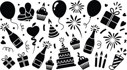 Birthday party celebration elements and festive decoration icons set with birthday celebration balloons fireworks champagne anniversary decoration collection illustration elements partyhat © MstAsmaAkter