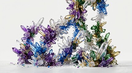 Naklejka premium Vibrant crystal bloom formations with purple blue and green gemstone clusters growing in abstract shapes against a solid white background