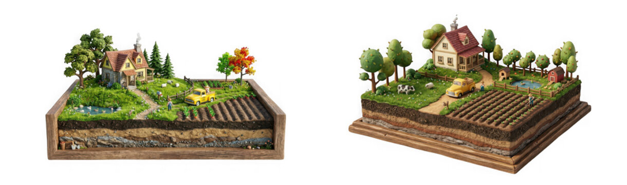 Miniature farm dioramas with houses, fields, and trucks isolated on transparent background