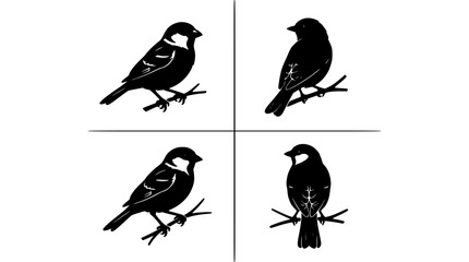 Fototapeta premium Birds Perched on Branches in Four Different Poses, Black Silhouettes Featuring Nature, Wildlife, Animals with Avian and Resting Elements
