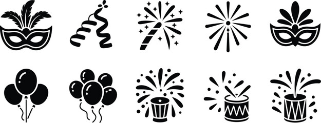 Carnival and festival celebration icon set with masks fireworks balloons and drums carnival festival celebration fireworks silhouette illustration masquerade entertainment gathering activity © MstAsmaAkter