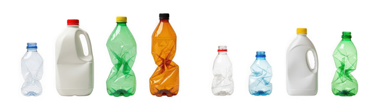 Collection of various empty plastic bottles isolated on transparent background