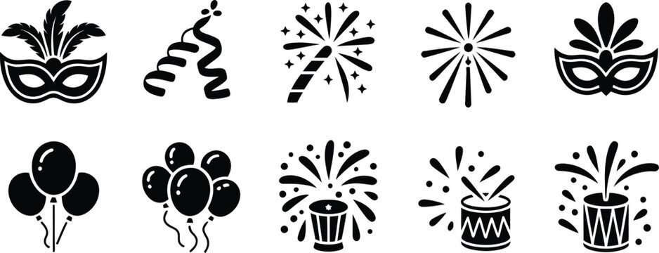 Carnival and festival celebration icon set with masks fireworks balloons and drums carnival festival celebration fireworks silhouette illustration masquerade entertainment gathering activity
