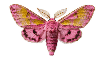 Fuzzy pink and yellow moth with black markings on wings © Rowena