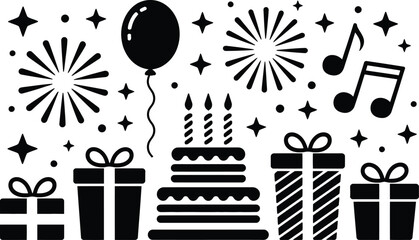 Birthday party celebration icons set with cake candles balloons gifts and fireworks birthday celebration balloons fireworks festival decoration anniversary greeting illustration silhouette © MstAsmaAkter
