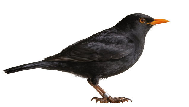 Blackbird with orange beak and ring on leg