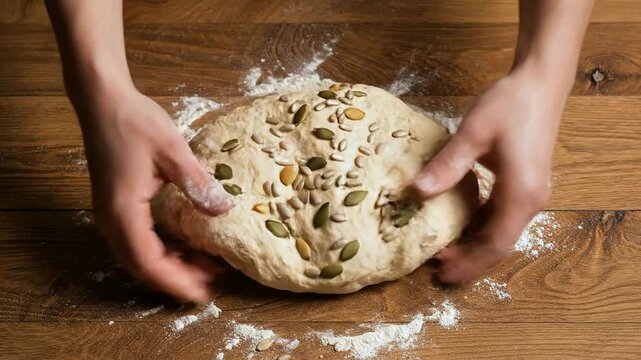 Kneading Dough with Sunflower and Pumpkin Seeds on Wooden Surface for Homemade Bread Preparation in Rustic Kitchen Style