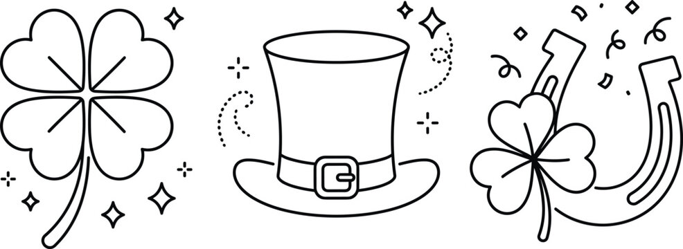 St Patricks day line icons set with four leaf clover leprechaun hat horseshoe shamrock sparkle linear vector graphics