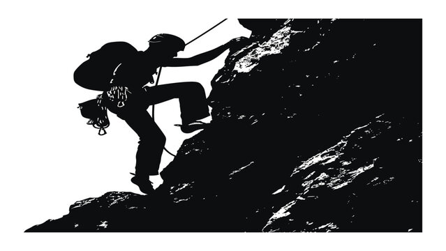 Rock climber scales a steep mountain cliff face with professional safety ropes and equipment.