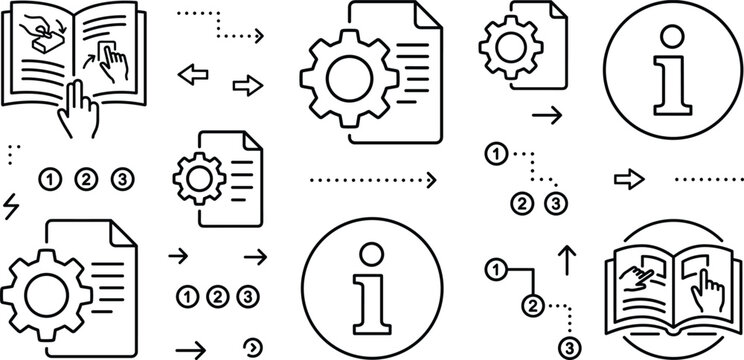 User manual instruction guide line icons set with open book handbook technical document gear process info vector elements
