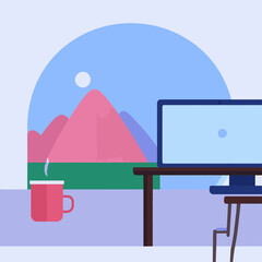 Obraz premium A serene office scene with a computer, coffee mug, and mountain view