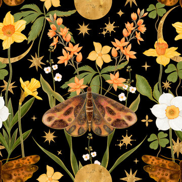Esoteric seamless print themed around wildlife and astrology. At the center is a large night moth surrounded by golden moons, constellations, yellow daffodils, and white flowers on a black background.