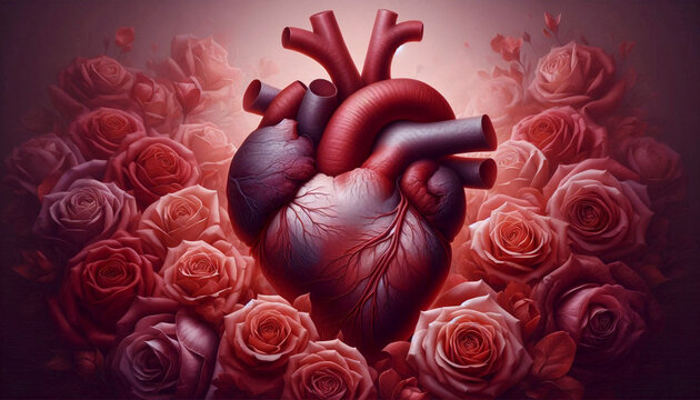 An anatomical illustration of a human heart, artistically rendered with elements stylized to resemble the petals of a flower, Ai generated image