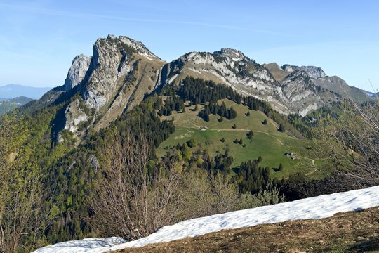 View of the Roches du Varo limestone rock ridge while walking on La Tournette mountain. Haute Savoie. France. Europe.