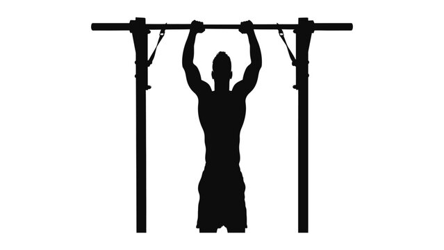 Man silhouette performs a pull up exercise on a metal bar to improve upper body muscle strength.
