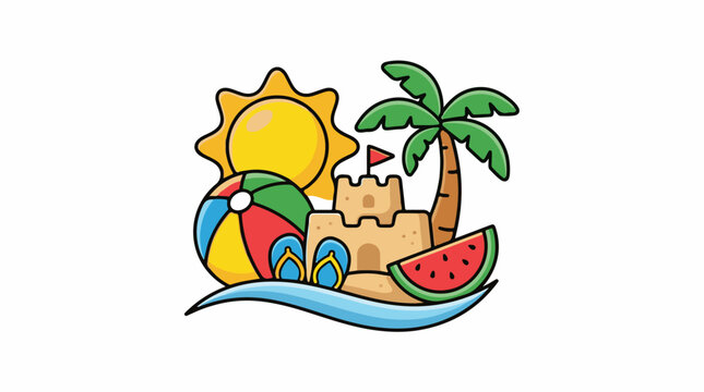 A cartoon illustration of a beach scene with a sandcastle, palm tree, sun, beach ball, flip flops, and watermelon