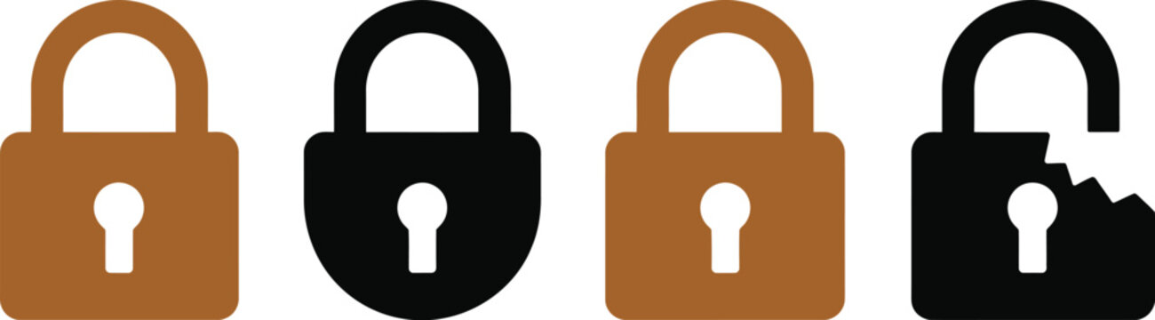 Padlock icon set, security and privacy symbols featuring locked and broken lock signs for data protection and access control concepts.