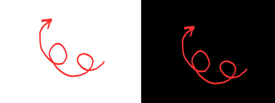 Bright Red Glowing Swirl Loop Arrow Icon Minimal Line Art on White and Black Background