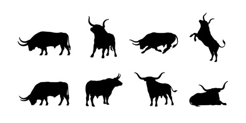 Obraz premium Bulls in Various Poses as Black Silhouettes Featuring Animals, Livestock, Cattle with Horns and Standing Elements for Walking, Running Projects
