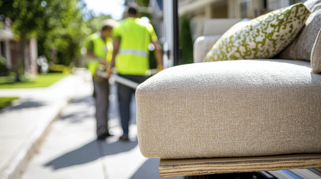 Comfortable sofa with textured fabric placed on moving truck, while movers in bright vests prepare for transport