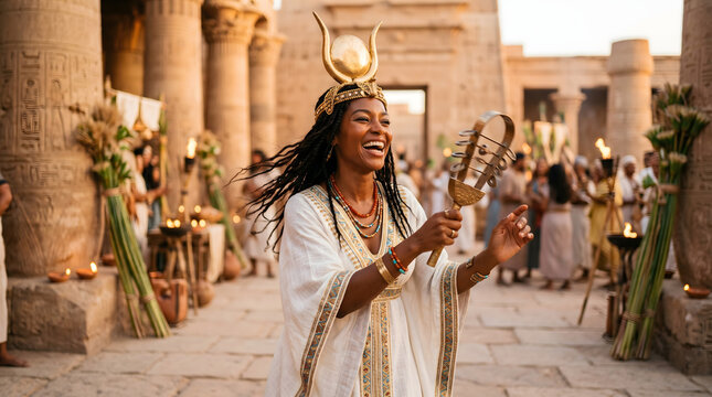 Smiling African woman dressed as an ancient Egyptian priestess playing a sistrum instrument in a sunlit temple courtyard with hieroglyphs and people.
