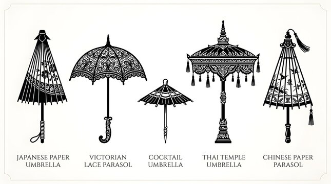 Vintage umbrellas, paper parasols, antique parasol sets, decorative umbrella illustrations