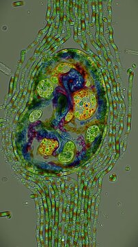Microscopic view of cellular structure, intricate biological detail with vibrant colors and abstract organic shapes, scientific research and nature exploration