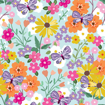 Beautiful butterfly in colrful floral flower garden seamless background