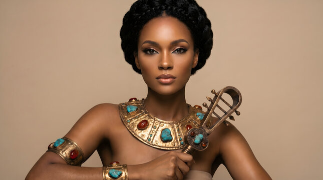 Stunning portrait of a beautiful African woman dressed as an ancient Egyptian queen wearing ornate gold jewelry with turquoise and holding a sistrum.