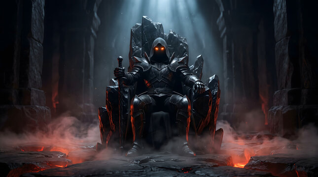 Majestic dark fantasy warrior king in black plate armor with glowing orange eyes sitting on a stone throne in a dungeon.