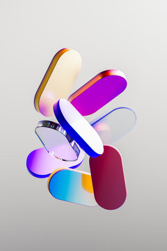 Floating 3D capsule array with vivid layered color and glass forms.