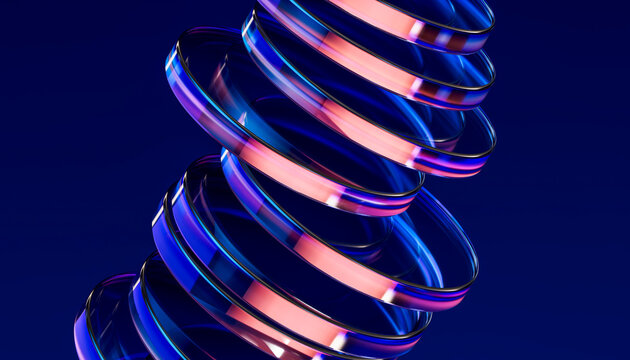 Neon 3D glass spiral glowing against a deep blue backdrop