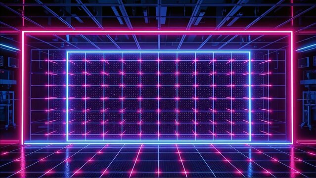 Neon lit grid room with laser lights and futuristic ambiance
