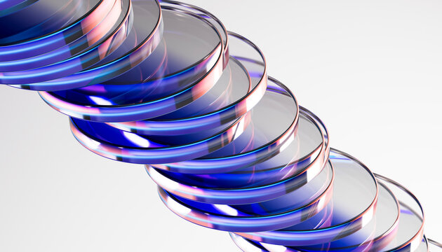 Transparent 3D glass ring aligned in a luminous sequence.